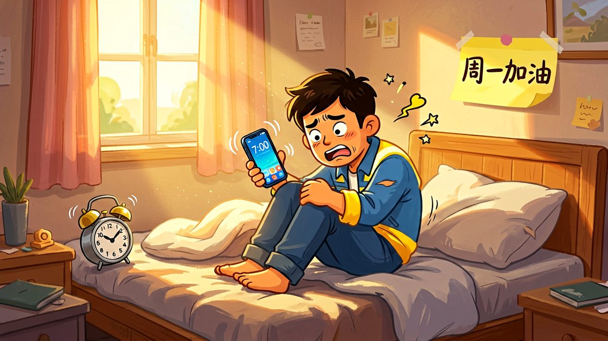 闹钟响了，主人公在痛苦中挣扎起床
