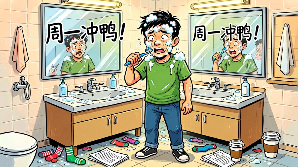 主人公洗漱时魂已不在，却不忘给自己打气