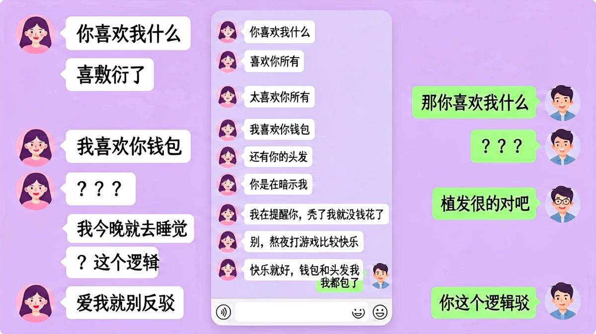 女生坦白喜欢男生的钱包和头发，男生竟无言以对