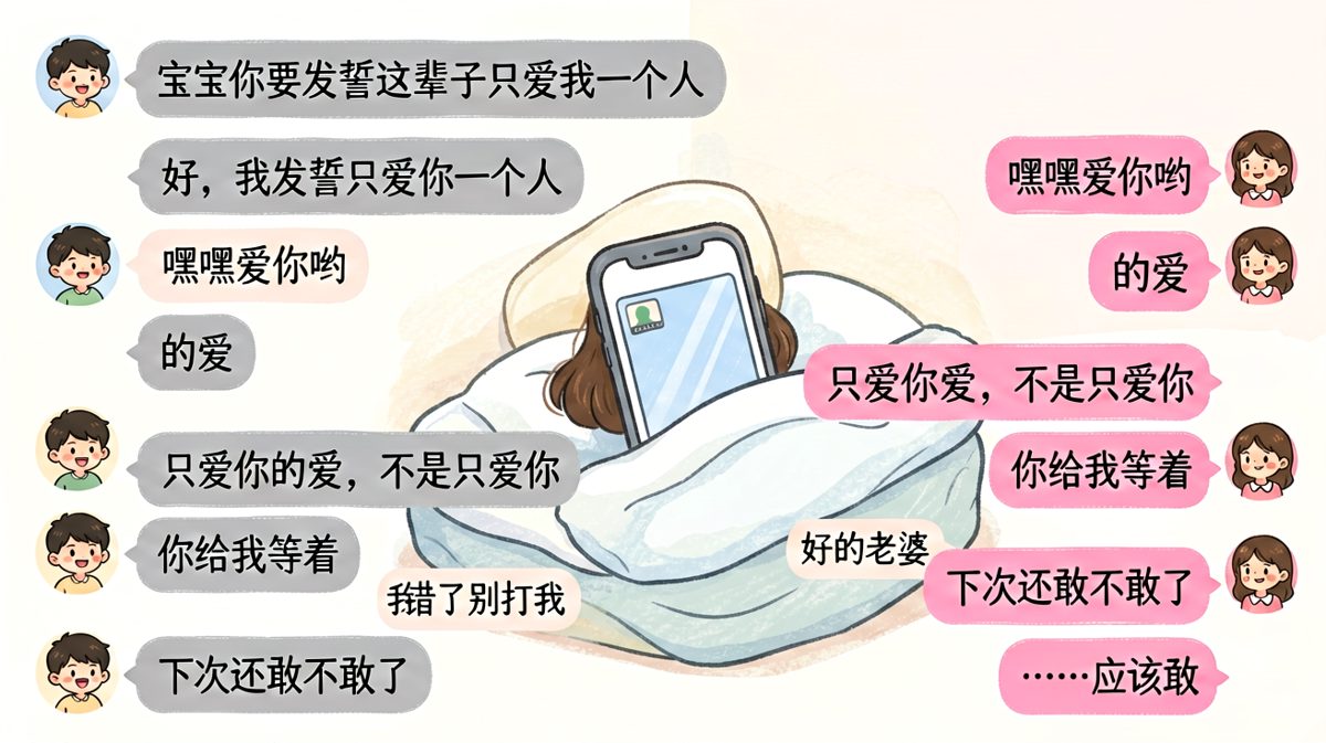 男生在发誓时卡壳玩文字游戏，被女生当场抓包。