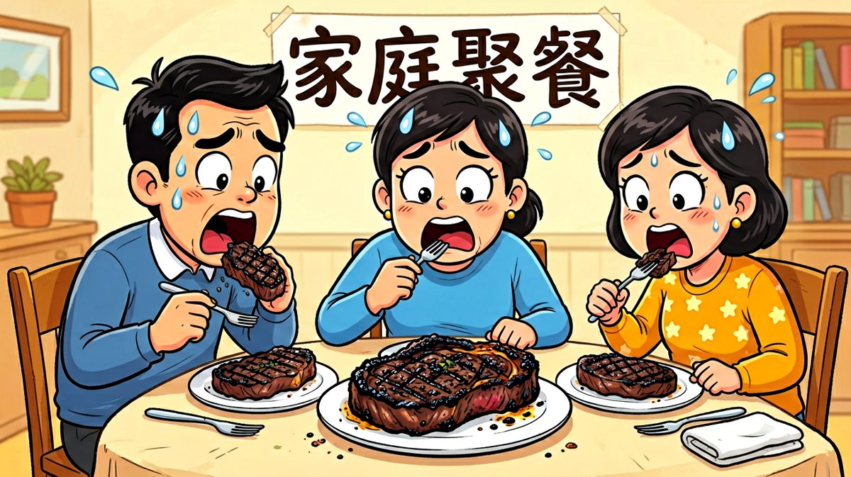 格四：家人面对'焦炭牛排'崩溃的表情定格