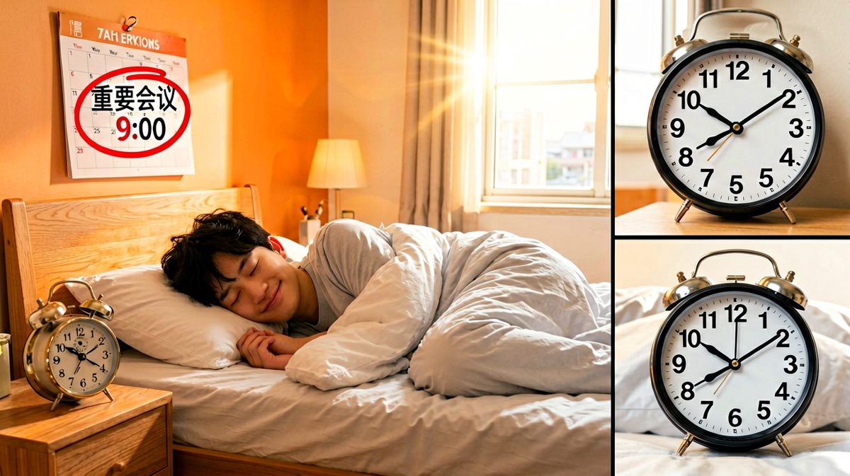 成功按掉闹钟，阿强陷入幸福的睡眠——却忘了今天有会。