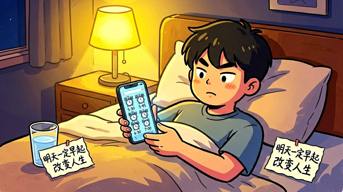 第1格：晚上发誓要自律，一口气定了六个闹钟。
