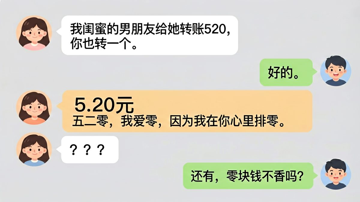要520红包，男生转5块2毛并用谐音梗怼回去