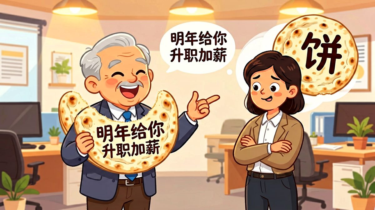 老板画饼说'明年给你升职加薪'，员工默默掏出更大的饼回敬：'巧了，我也给你准备了。'