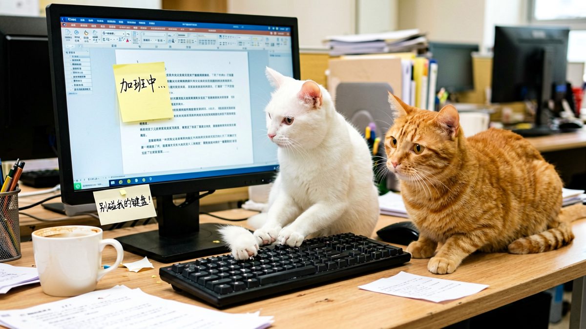 猫：这个两脚兽又在偷懒了，我来替他工作！