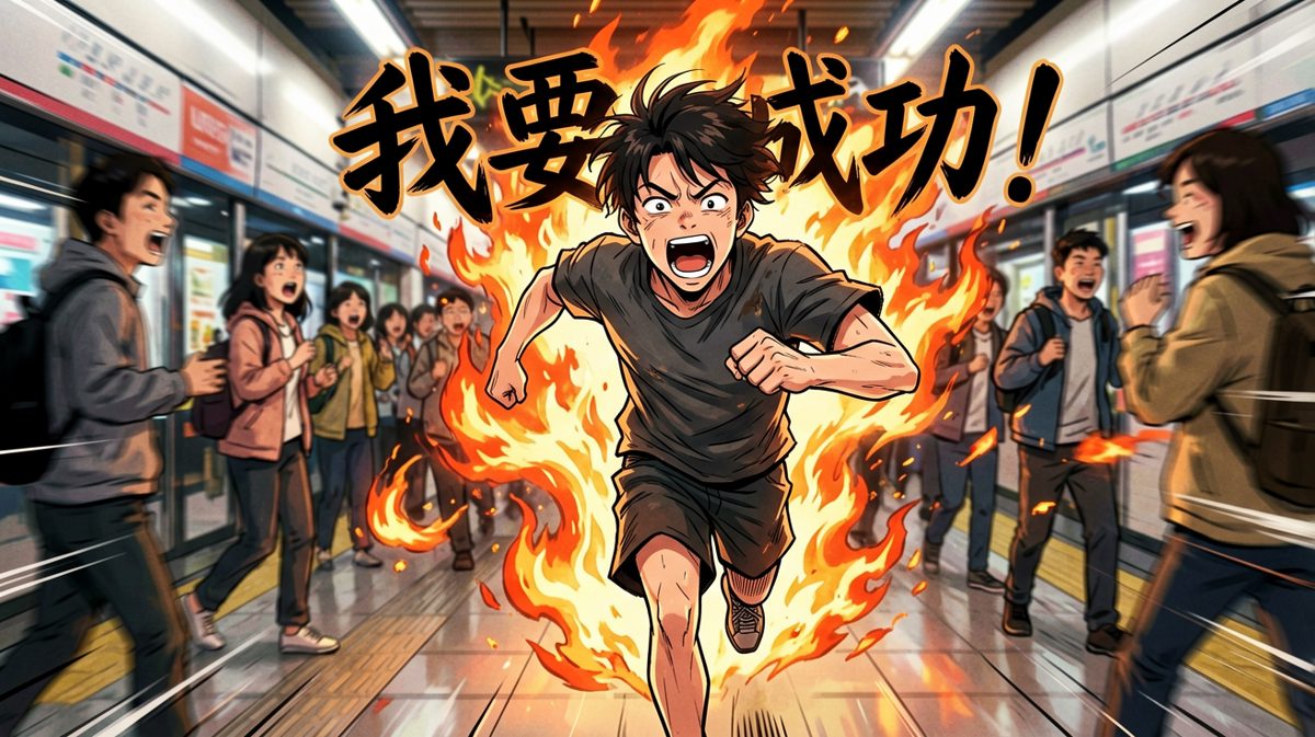 第三格：小明火力全开冲向公司，充满了斗志