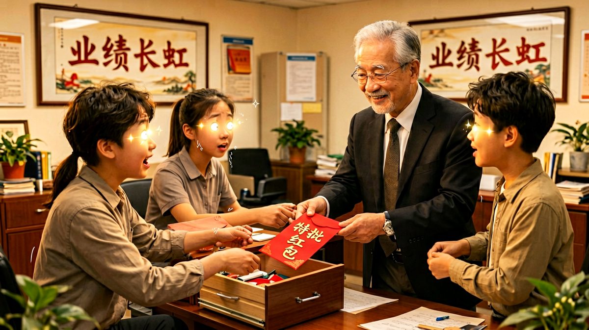 场景三：老板递来红包说'这是给你的奖金，拿去吧'，员工感动得差点鞠躬，拆开一看——里面是一张字条：'再接再厉，明年争取翻倍'，员工笑容凝固。