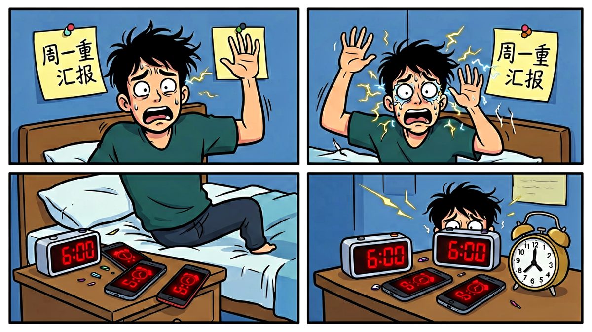 早上六点，闹钟大作，我吓到灵魂出窍。