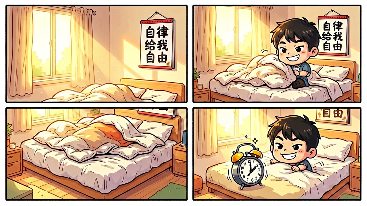 第一格：雄心勃勃地关掉闹钟，感觉今天能改变世界