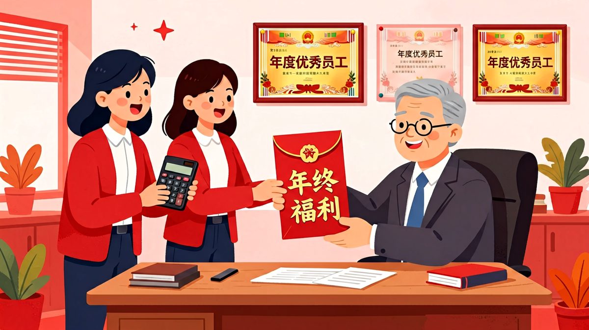 员工：老板今年年终奖……老板：（掏出红包）这是公司精心准备的盲盒福利！员工拆开发现里面是一张'明年继续加油'卡片。