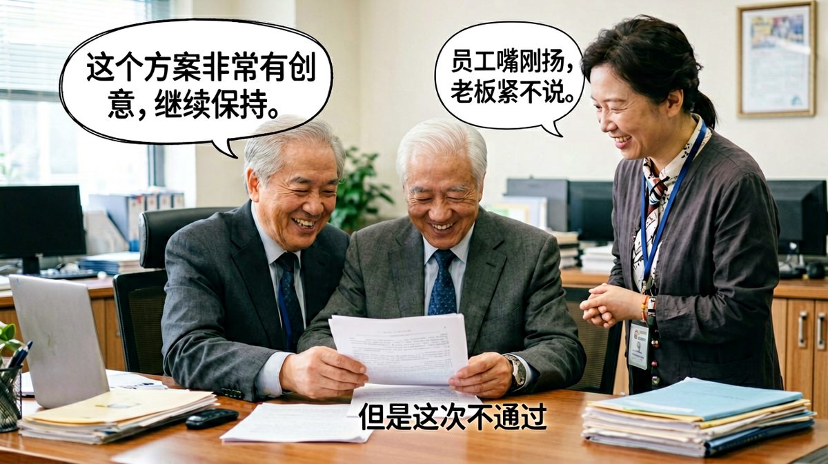 老板：方案很有创意。我：谢谢！老板：但是不通过。