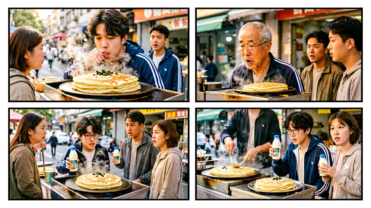 第3格：路过煎饼摊，突然决定'吃饱再跑'