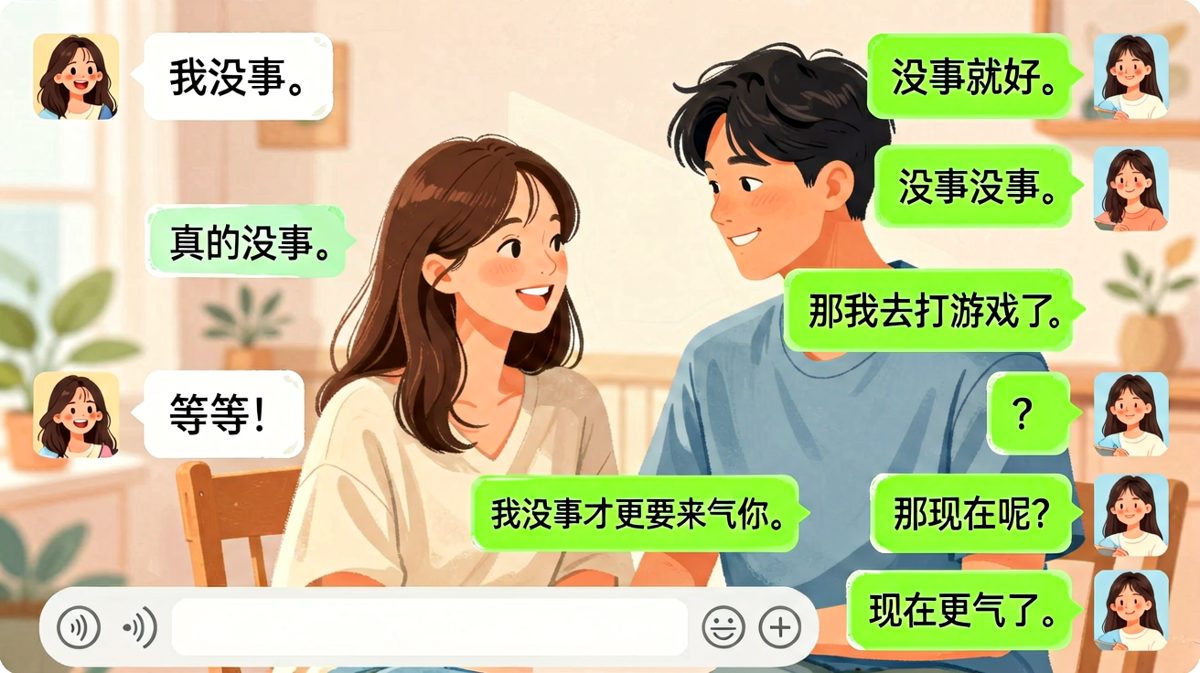 '我没事'是情侣间最大的谎言，越解释越气的经典对话。