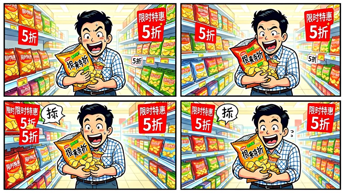 看到打折薯片，疯狂抢购！