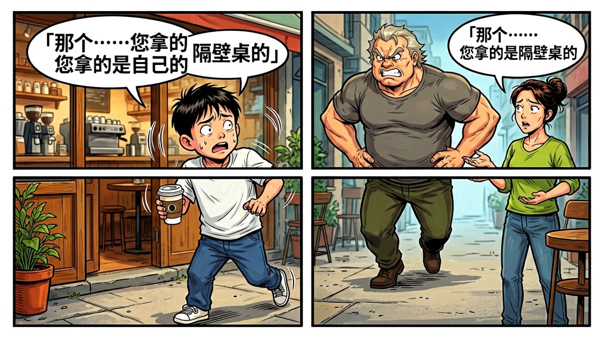 小明拿着别人的咖啡在门口拼命解释