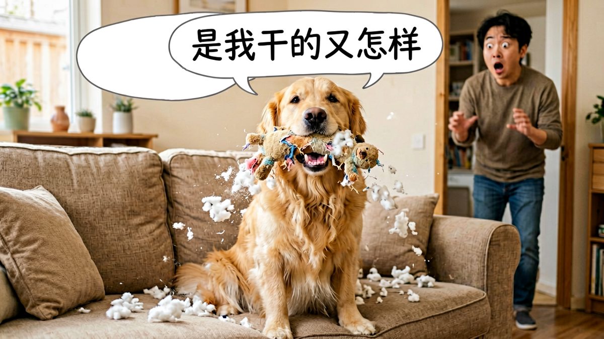 金毛拆家后面对主人的质问，它的笑容比任何语言都说明问题