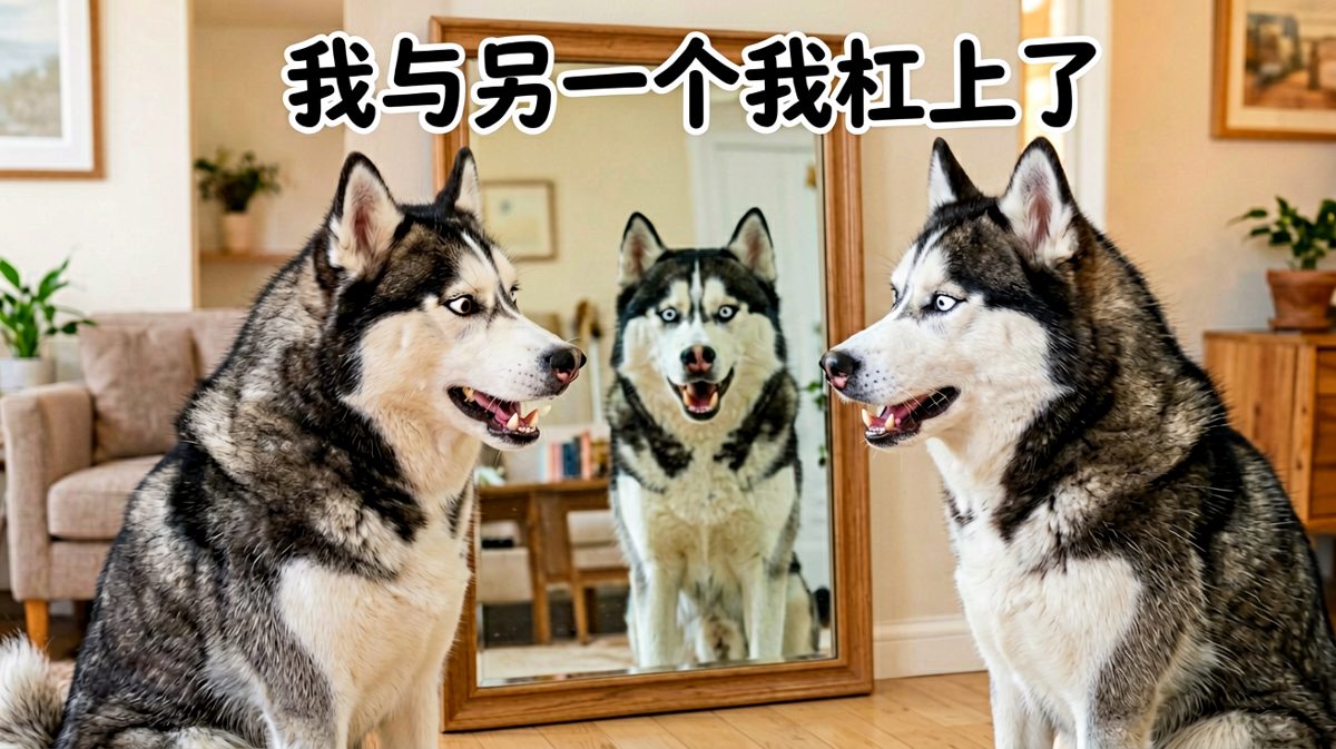 哈士奇和镜子里的自己吵了起来，双方都认为自己才是老大