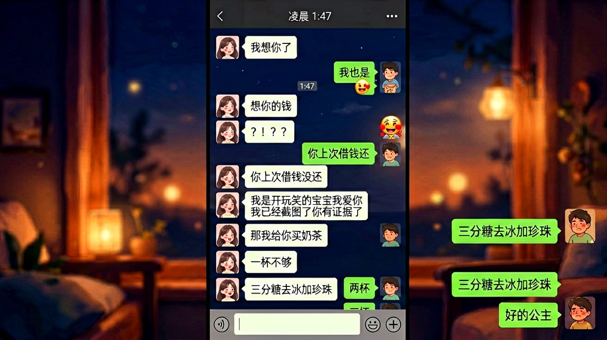 女生一句暧昧的'我想你了'把男生吓出冷汗，从深情到讨债的极速反转，最后以奶茶收尾。