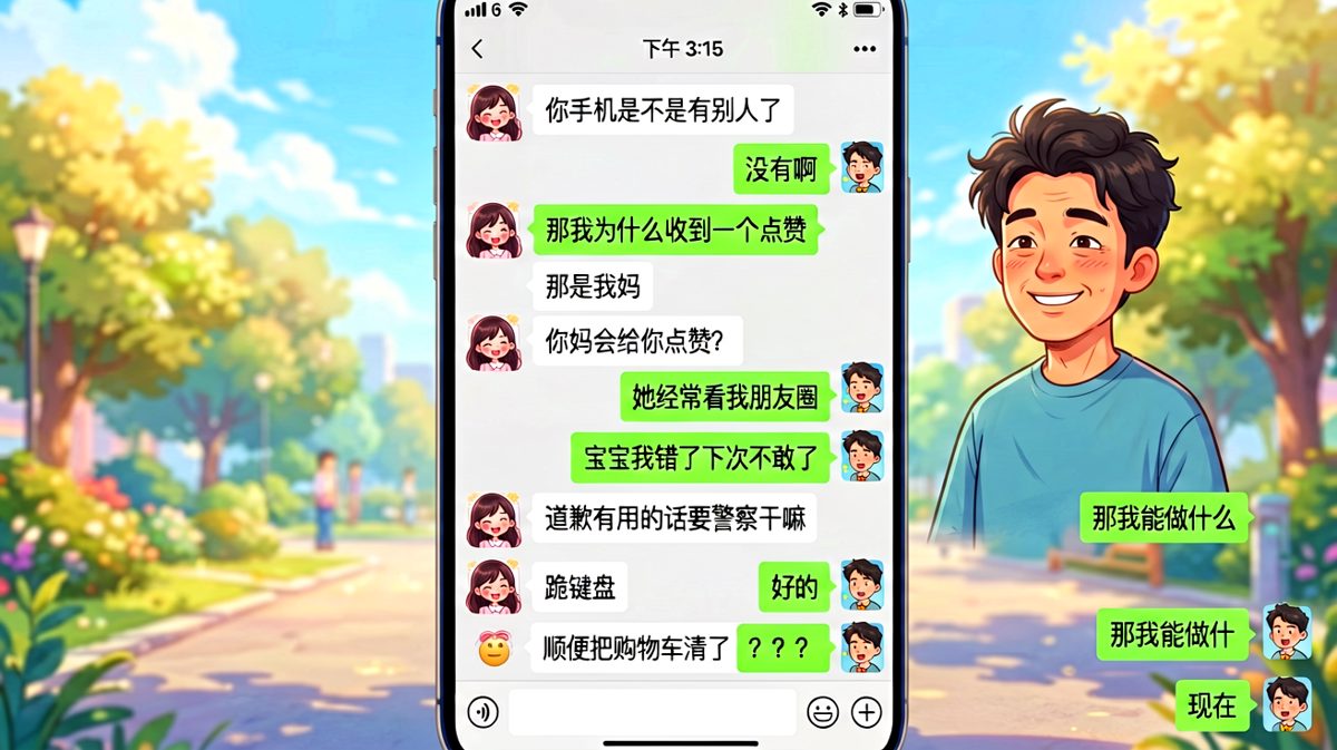 女生凭借一个点赞怀疑男生出轨，从质问到让男生跪键盘清购物车的离谱 escalation。