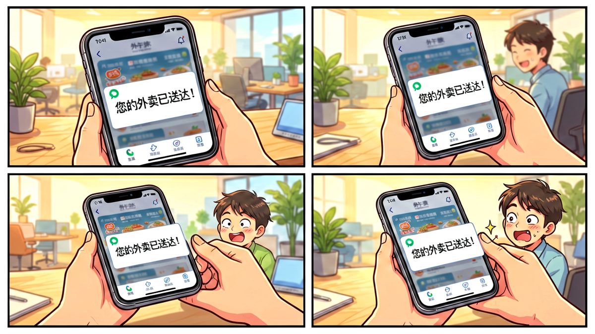 收到外卖送达通知，开心到飞起