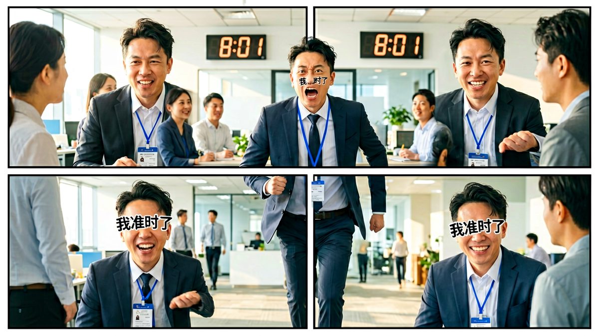 经过8个闹钟的轰炸，主角终于准时抵达公司