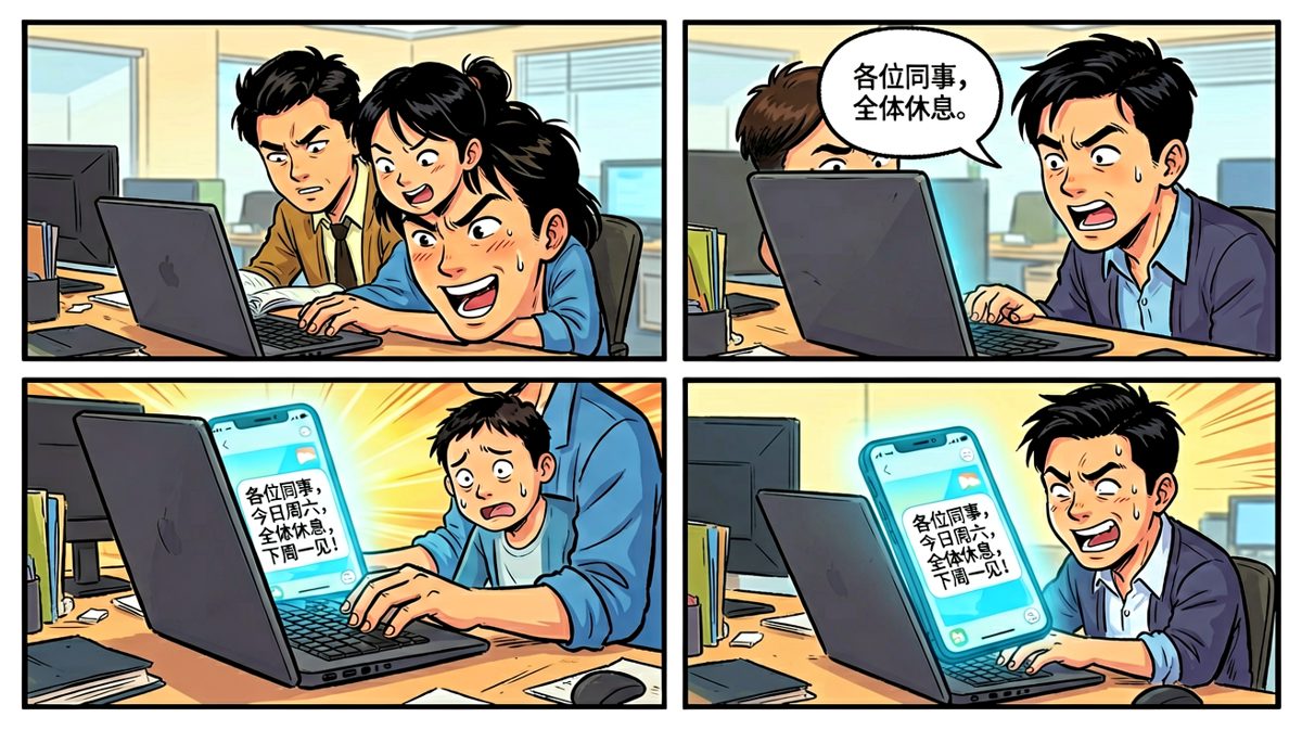 主角打开电脑，看到了群里的周六通知
