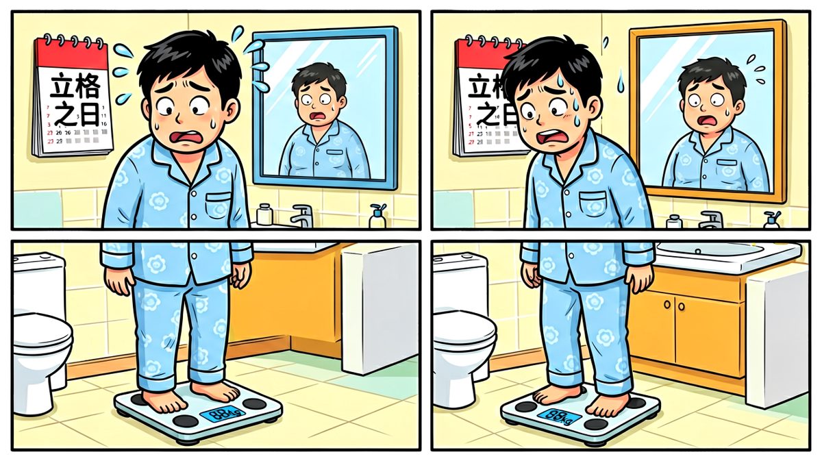 主角站在体重秤上，被数字吓得目瞪口呆。