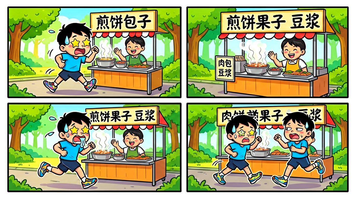 跑步刚起步就被早餐摊的香味征服了。