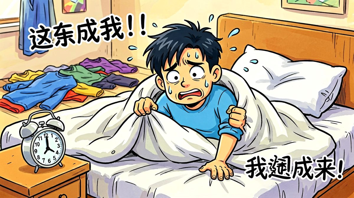 第二格：主角奋力起身，但被子像胶水一样粘在身上