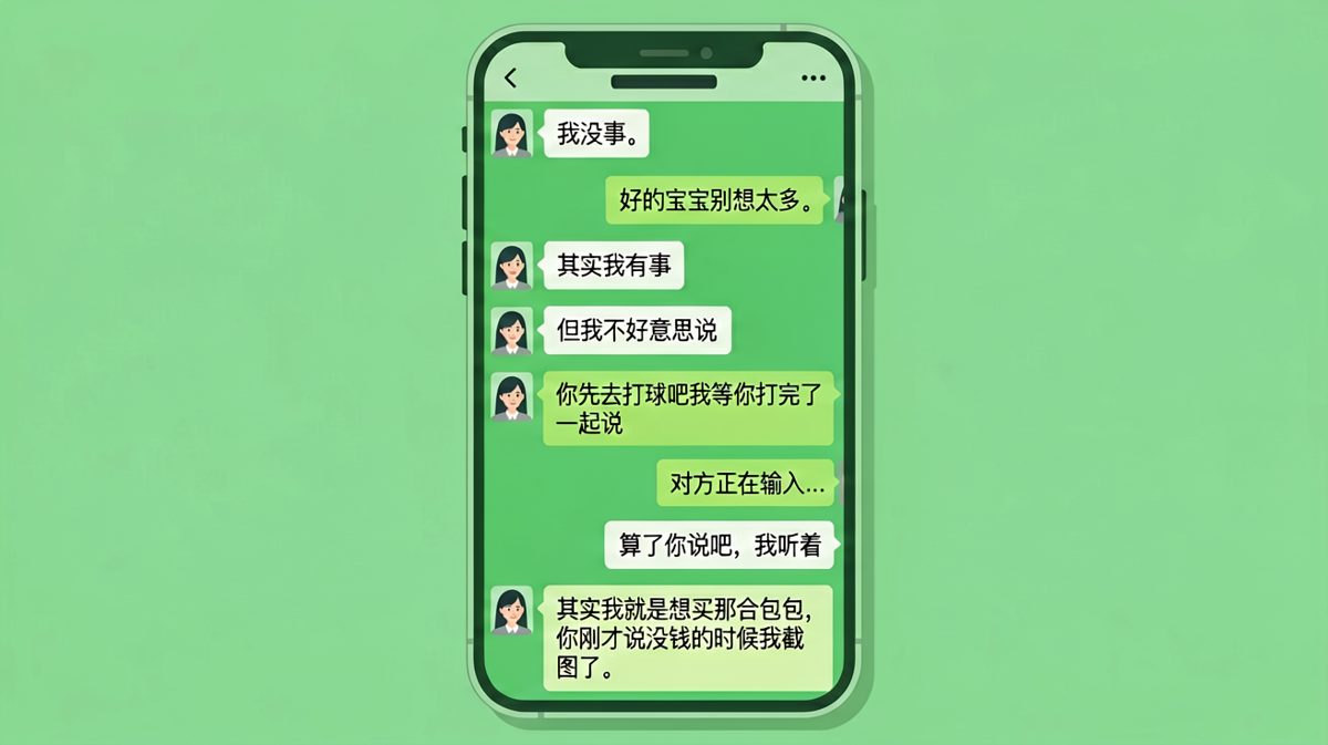 她说没事，其实有事，但她更在意的是你说过没钱截图留证