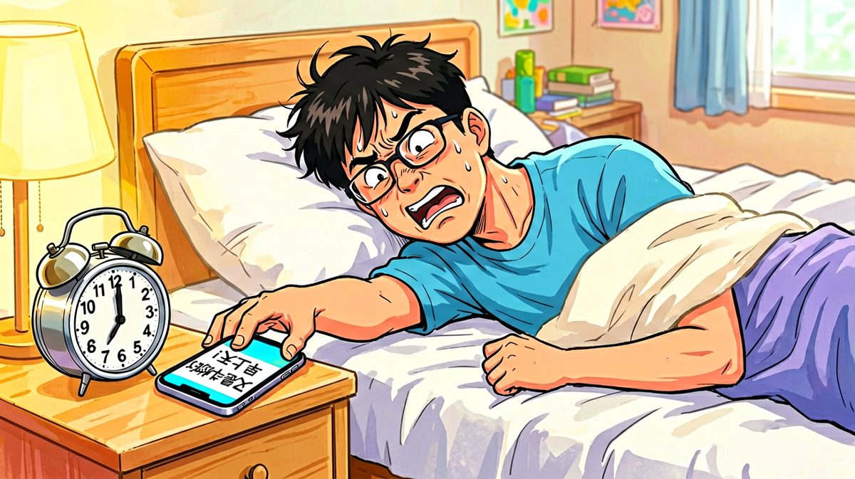 闹钟响起，主角一脸生无可恋地伸手按掉。