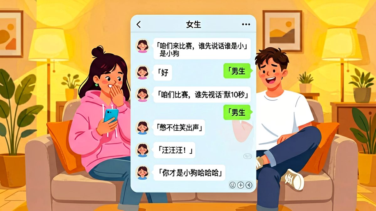 男生本想比谁先憋笑，结果自己没忍住狂叫汪汪，女生在一旁笑到捶床。