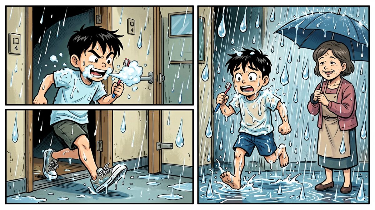 冲出家门才发现——下雨了！