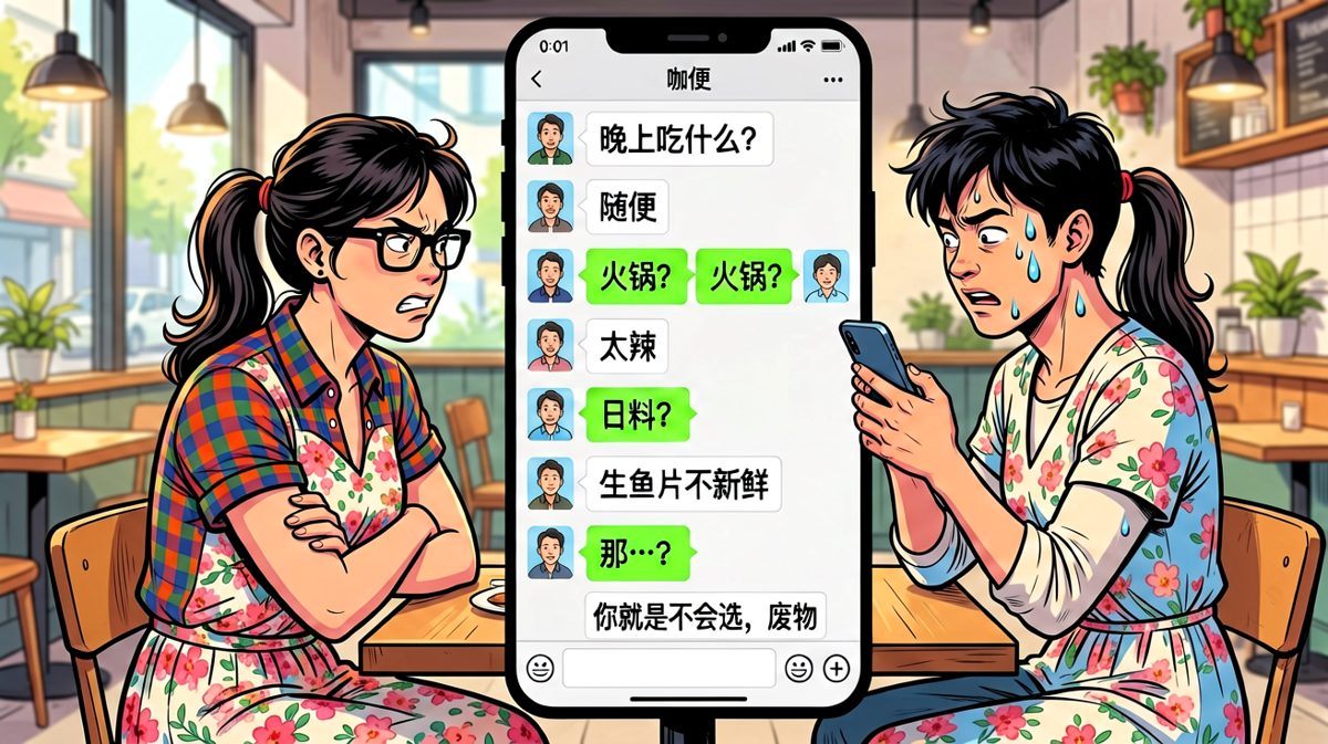 男生问吃什么，女生连说三个'随便'后反向输出：不是随便，是你不行。
