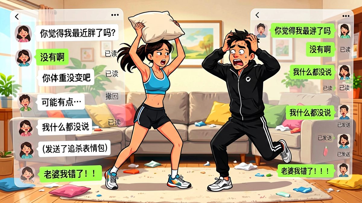 男生删了又改说了等于没说，女生看完直接拎着抱枕上演家庭追打现场。