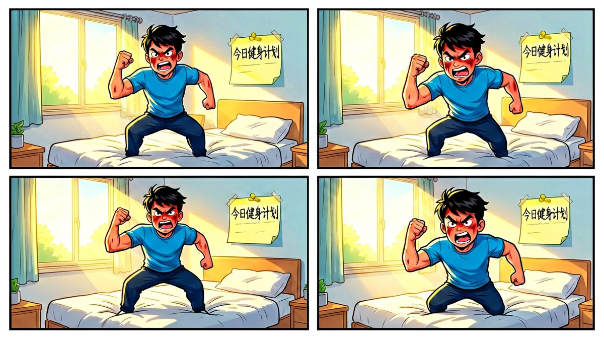 闹钟响起，主角斗志满满，发誓今天一定早起健身！