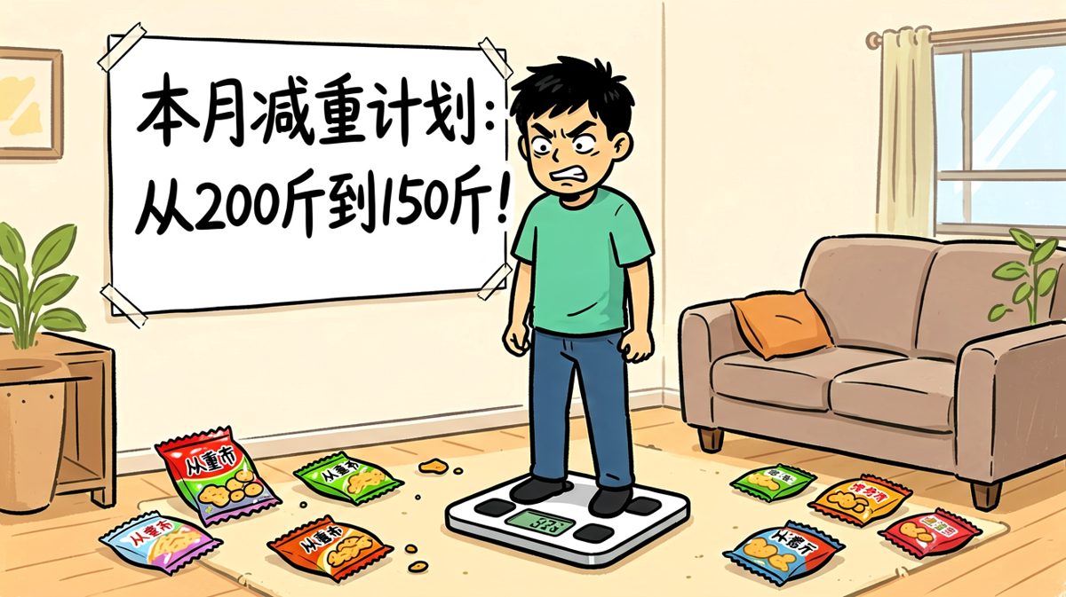 主角面对体重秤崩溃，立下壮烈减肥誓言。
