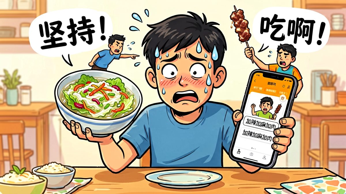 减肥沙拉 vs 麻辣火锅，主角内心两个小人在厮杀。