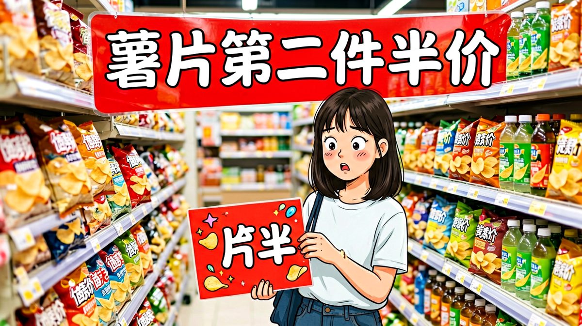走到零食区，半价促销让她动摇