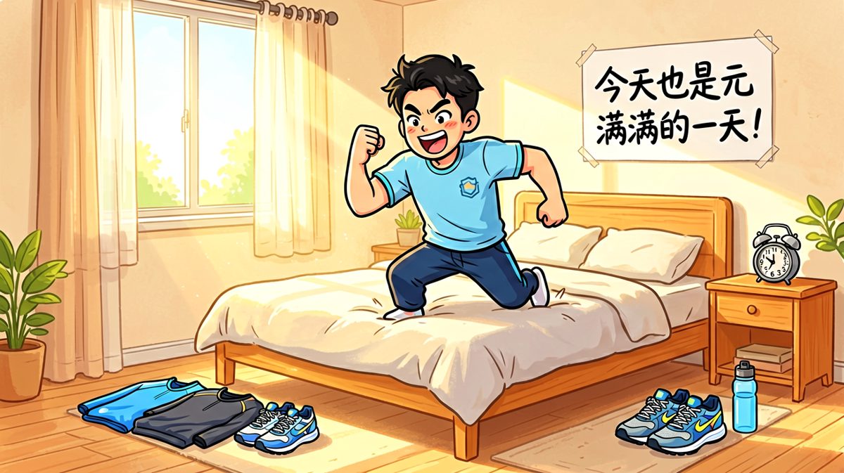 清晨六点，斗志满格地宣布：今天开始运动！