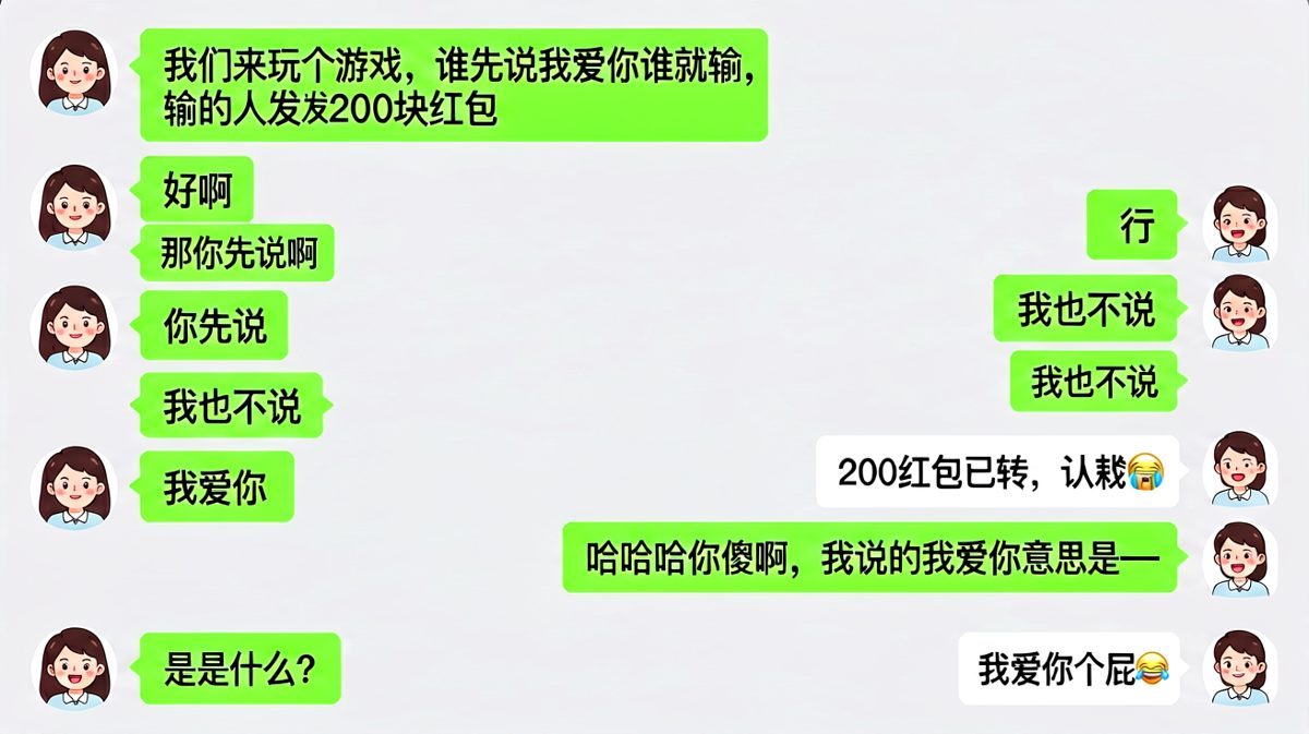打赌谁先表白就发红包，结果女生用了套路，男生秒输两百块