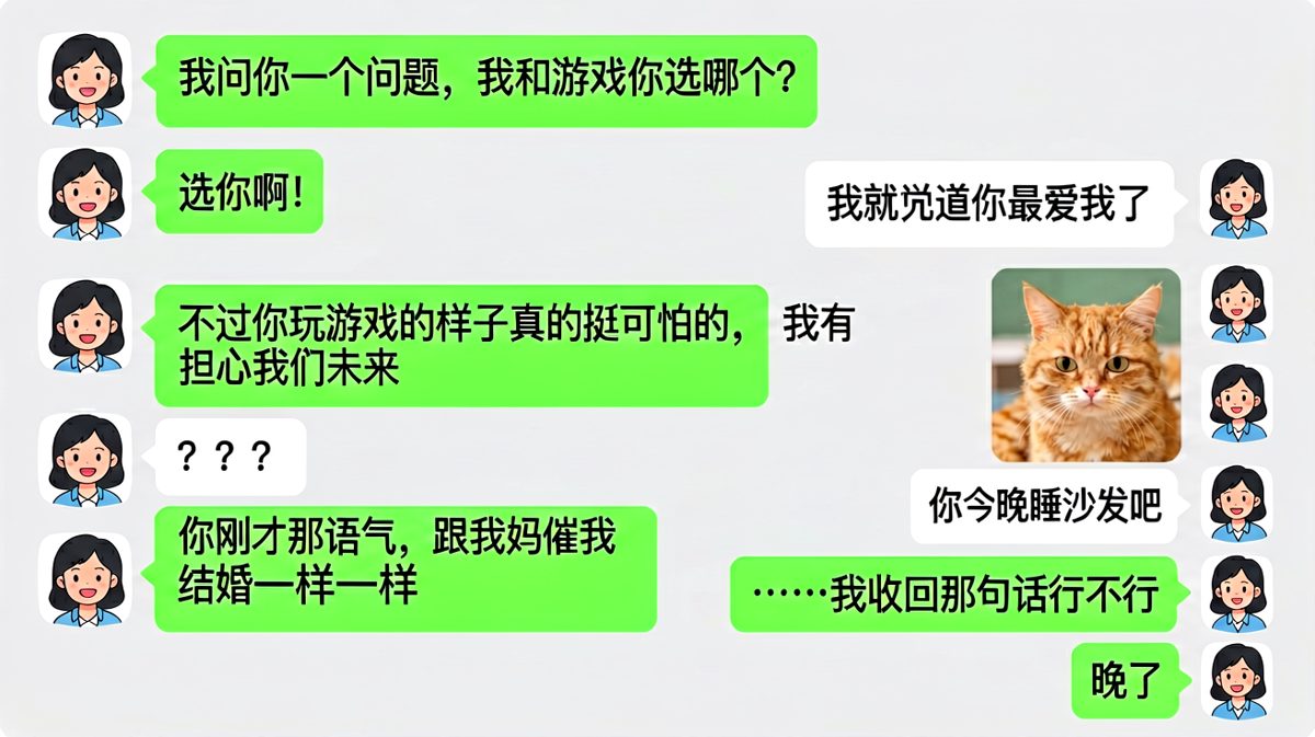 女生问男生选她还是选游戏，男生刚表完忠心就被一句补刀整破防了