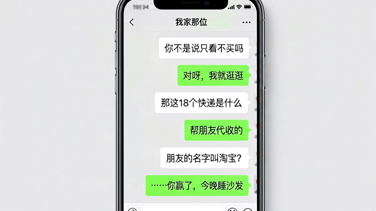 女友嘴上说只逛不买，结果快递堆成山，最后被迫承认睡沙发的搞笑对话。