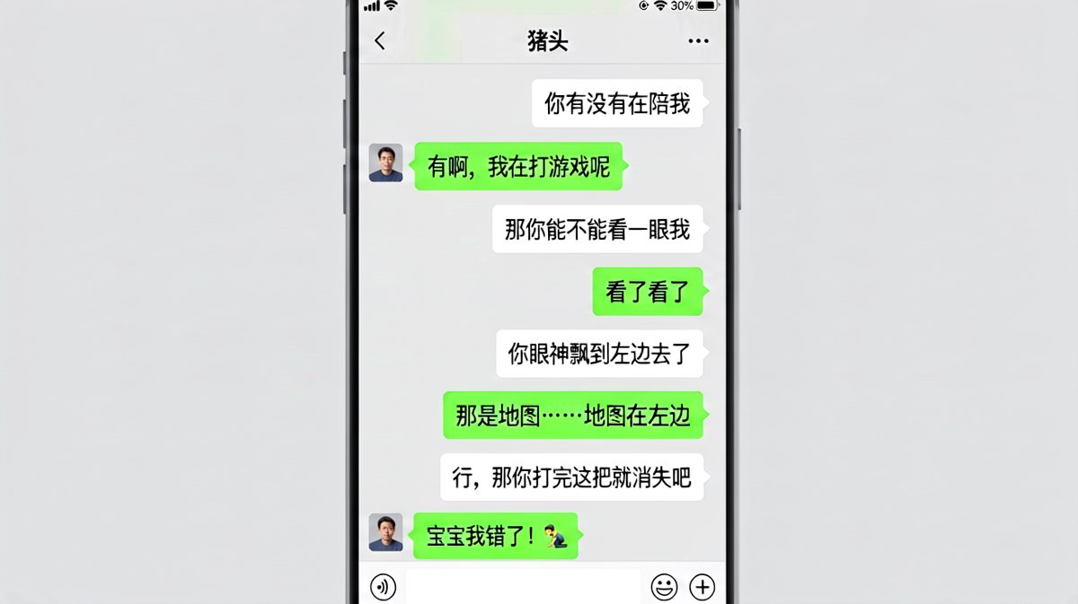男友边打游戏边敷衍女友，结果被发现眼神飘向地图，秒变跪地求饶现场。