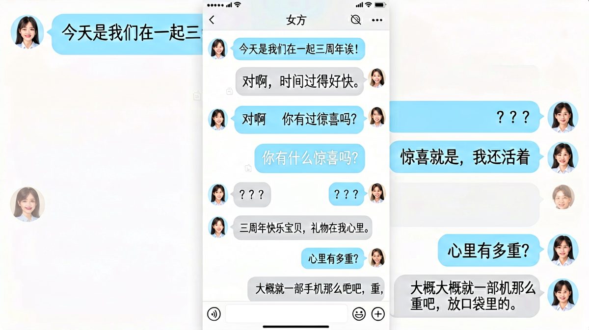 女生期待浪漫惊喜，男生用一句'我还活着'和'心里一部手机重'完成了全场最佳冷幽默收尾。