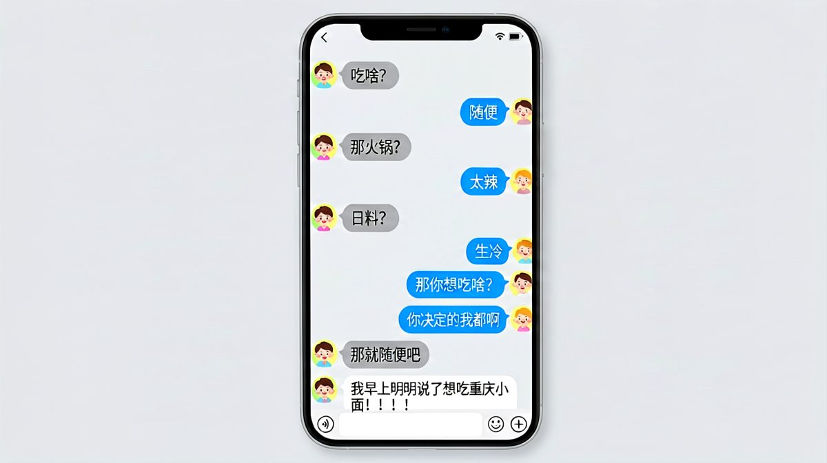 《随便》是情侣对话中最危险的词，男友以为自己赢了，直到发现女生的备忘录里早列好了菜单。