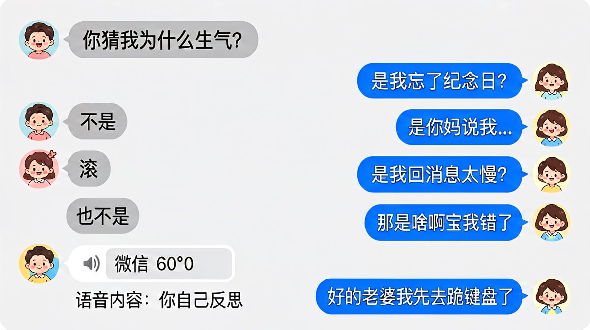 《你猜》是情侣关系中的终极难题，男生用排除法猜了半天，女生真正想听的是'我无条件站在你这边'。