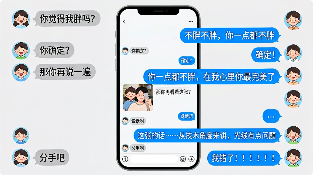 《你胖吗》是送命题天花板，男生试图用'光线问题'蒙混过关，却被女生一句'分手吧'直接终结。