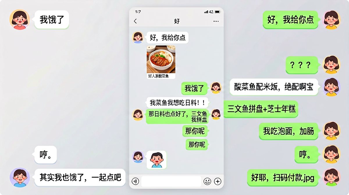 女生说饿了，男生全安排了还自带泡面，结果反转是女生其实也饿。
